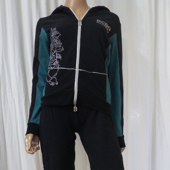 NWT BCBG sz SMALL MED LG XL 95% cotton TEAL BLK COLORBLOCK STUDDED 2PC TRACKSUIT - Picture 2 of 14
